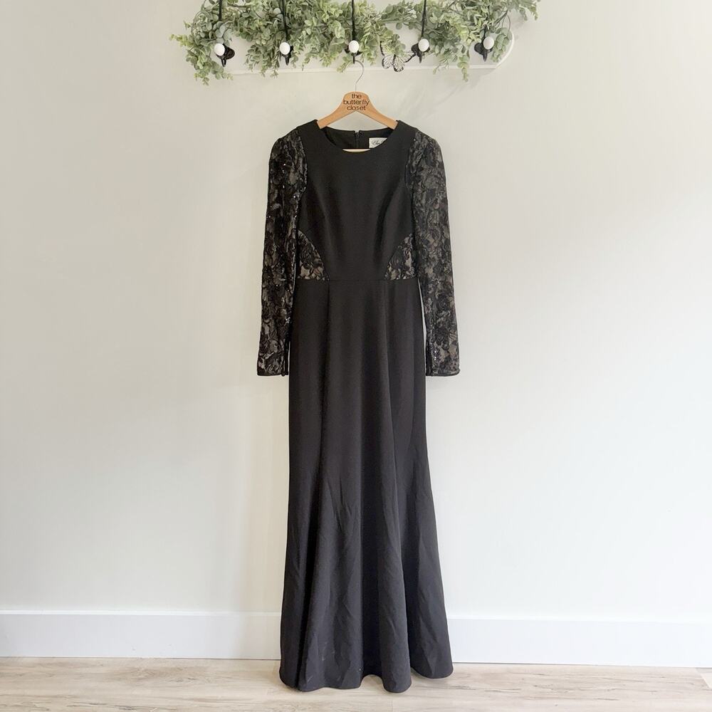 Eliza J Black Scuba Crepe and Lace Long-Sleeve Evening Gown 2 formal wedding